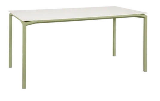 Willow green Fermob CALVI AERIS mineral dining table, 160 x 80 cm, six-seater, outdoor metal table with sleek design