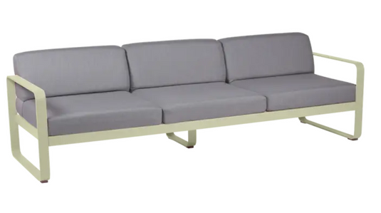 Willow green and flannel grey Fermob Bellevie outdoor 3-seater sofa with metal frame, perfect for patio or garden seating.