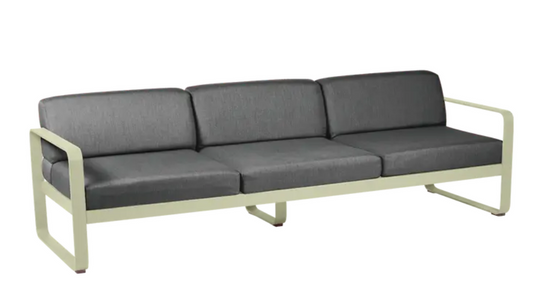Willow green and graphite grey Fermob Bellevie 3-seater outdoor sofa with metal frame, designed for outdoor patio or garden spaces.