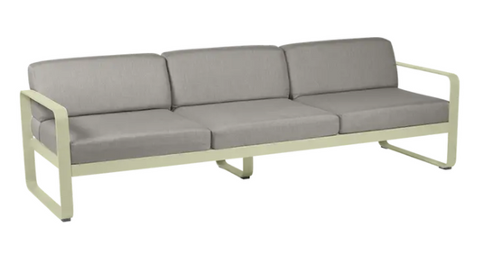 Willow green and grey taupe Fermob Bellevie 3-seater outdoor sofa with metal frame, stylish contract furniture for outdoor spaces.