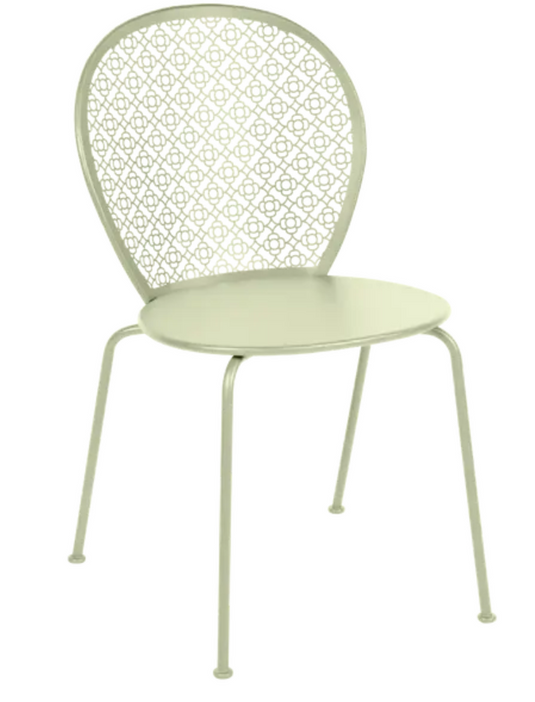 Willow green Fermob Lorette outdoor metal chair with a stylish design for garden or patio seating.
