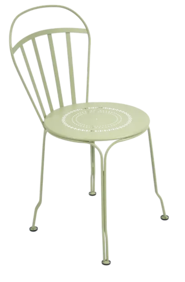 Load image into Gallery viewer, Willow green Fermob Louvre outdoor chair with a sleek metal frame and curved armrests, perfect for garden or patio seating.
