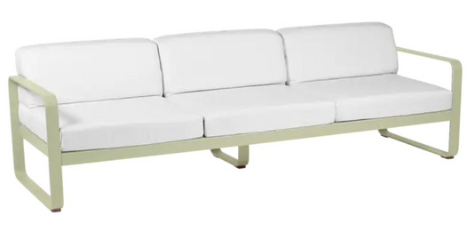 Willow green and off-white Fermob Bellevie 3-seater outdoor sofa with metal frame, stylish outdoor furniture for garden or patio.