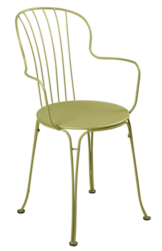 Willow green Fermob OPÉRA+ outdoor metal armchair with sleek design and curved armrests, perfect for garden or patio seating