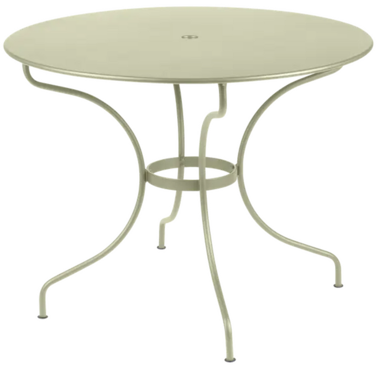 Load image into Gallery viewer, Fermob OPÉRA+ outdoor metal table in Willow Green with 96 cm diameter, ideal for five-seater patio dining.
