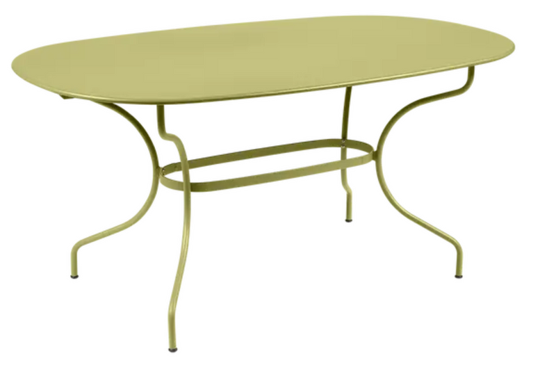 Load image into Gallery viewer, Fermob OPÉRA+ oval metal outdoor table, 160x90 cm, in Willow Green, designed for six people, outdoor dining table.
