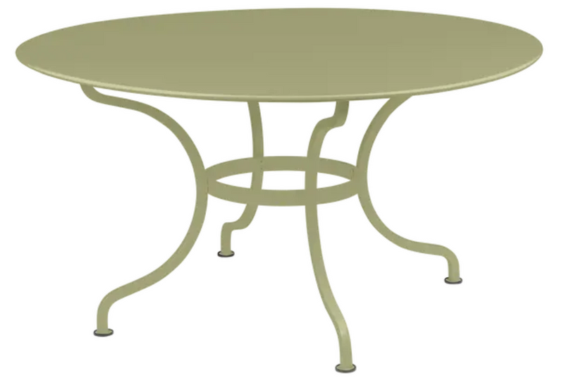 Load image into Gallery viewer, Willow green Fermob Romane round table with 137cm diameter, suitable for up to 8 guests, outdoor furniture for dining or gatherings.
