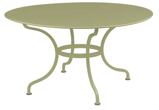Willow green Fermob Romane round table with 137cm diameter, suitable for up to 8 guests, outdoor furniture for dining or gatherings.