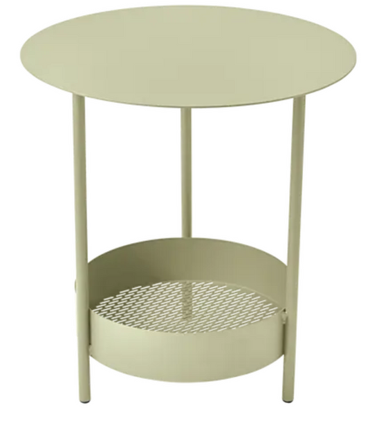 Willow green Fermob Salsa pedestal side table, outdoor furniture with a modern design, suitable for patio or garden use.