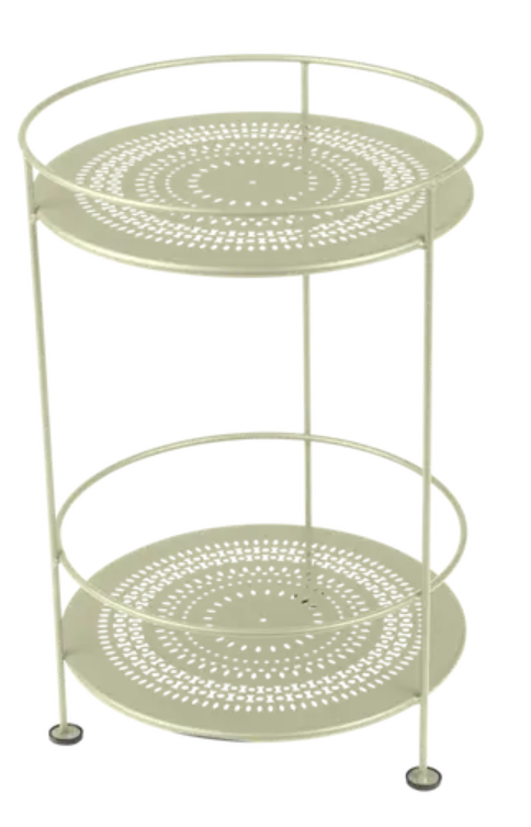 Willow green Fermob Guinguette side table with perforated double-top and metal construction, suitable for outdoor or indoor use.