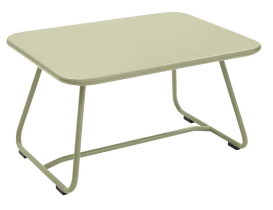 Willow green Fermob Sixties low outdoor table with 76x55.5cm surface, suitable for patio or garden seating areas.