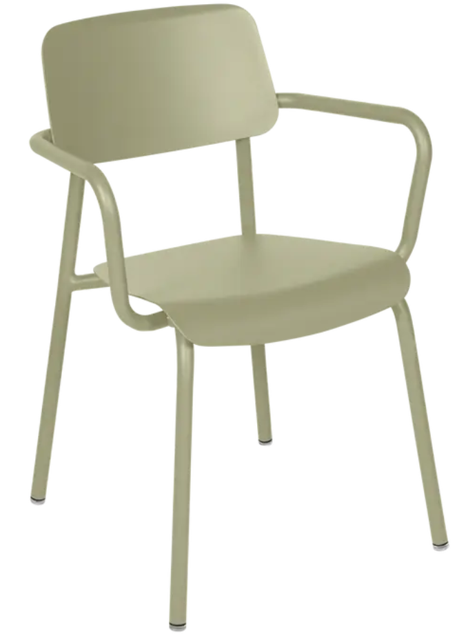 Load image into Gallery viewer, Willow green Fermob Studie armchair, stackable indoor dining and office chair with modern design and sturdy metal frame.
