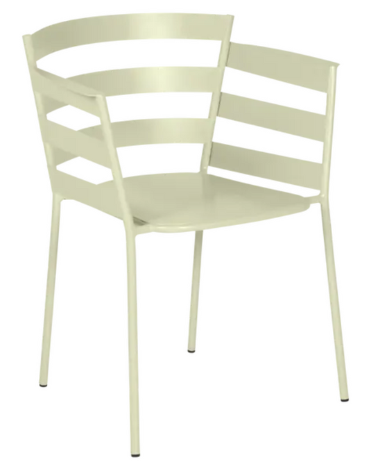 Fermob RYTHMIC outdoor armchair with woven willow-green seat and armrests, stylish and comfortable garden seating.