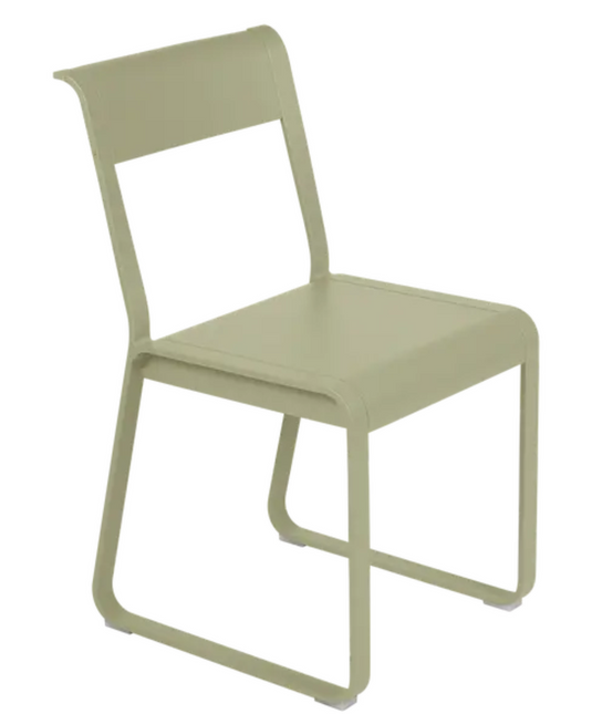 Willow green Fermob Bellevie V2 metal chair with a modern outdoor design and sleek metal frame.