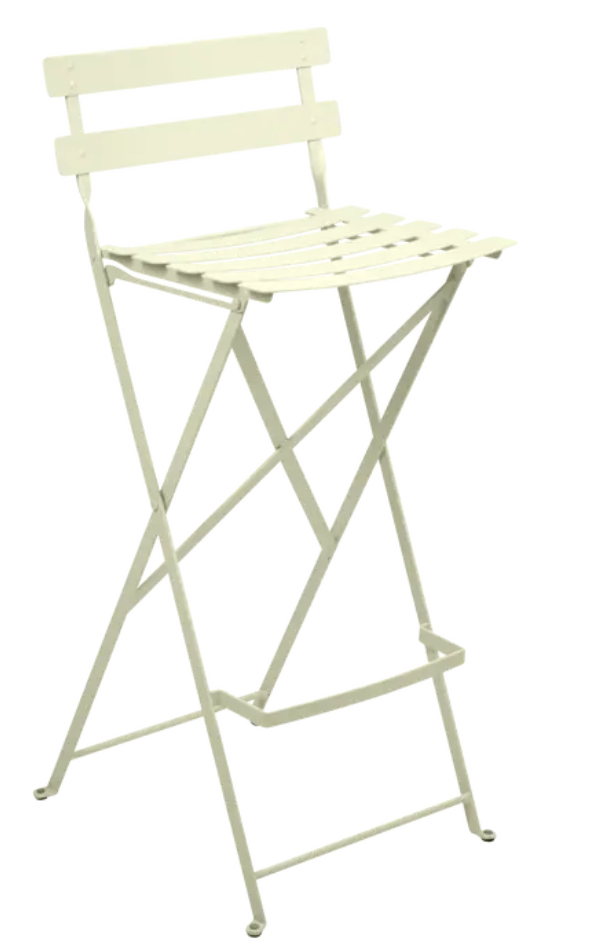 Load image into Gallery viewer, Willow green Fermob Bistro high bar stool, foldable outdoor furniture with a sleek, modern design and sturdy metal frame.
