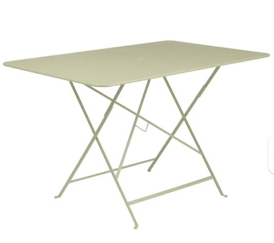Willow green Fermob foldable bistro table measuring 117x77 cm, outdoor metal furniture with a sturdy, compact design.