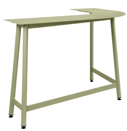 Fermob Bolder Corner Counter bar stool in willow green, outdoor metal furniture with a modern two-seater design for garden or patio use.