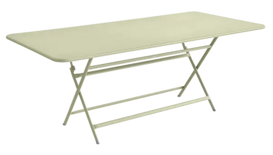 Willow green Fermob Caractère foldable outdoor table, 190x90 cm, eight-seater, suitable for outdoor dining and gatherings.