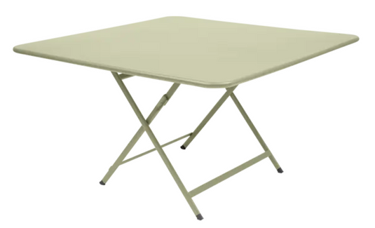 Willow green Fermob Caractère foldable outdoor table, 128x128 cm, eight-seater, suitable for outdoor dining and gatherings.