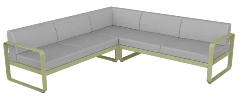 Load image into Gallery viewer, Willow green and grey Fermob Bellevie Composition 2 outdoor sofa set with modular design and plush cushions on a patio.
