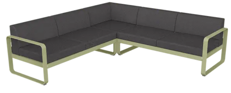 Load image into Gallery viewer, Fermob Bellevie Composition 2 outdoor lounge sofa set with willow green, graphite gray, and beige cushions on a patio.
