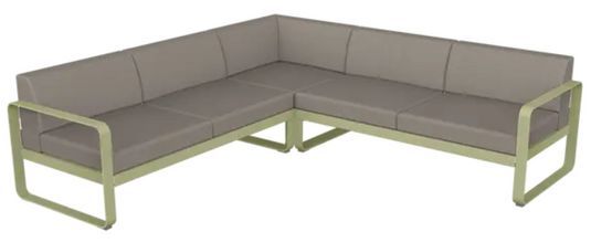 Willow green, grey, and taupe Fermob Bellevie Composition 2 outdoor sofa set with modular lounge pieces and plush cushions.
