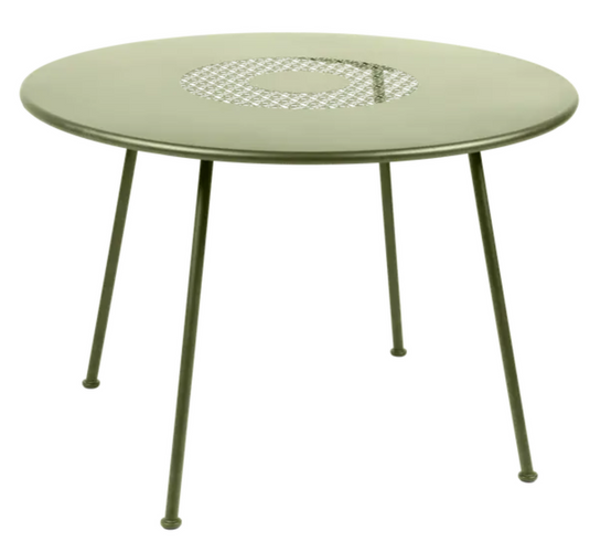Willow green Fermob LORETTE round metal garden table with 110 cm diameter, fire-resistant and stylish outdoor furniture