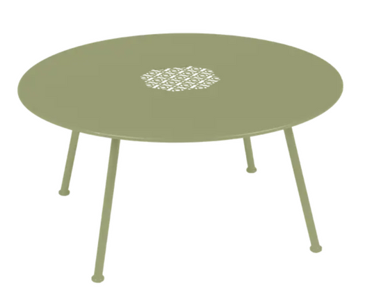 Willotte green Fermob Lorette low coffee table with metal construction and 80 cm diameter, outdoor fire-resistant design.
