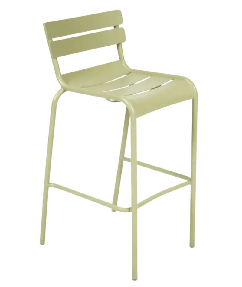 Load image into Gallery viewer, Willow green Fermob Luxembourg bar armchair with metal frame, featuring a comfortable backrest, suitable for pub or bar seating.
