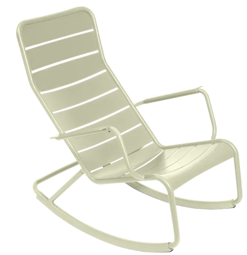 Load image into Gallery viewer, Willow green Fermob Luxembourg outdoor rocking chair with aluminum frame, suitable for garden or patio relaxation.
