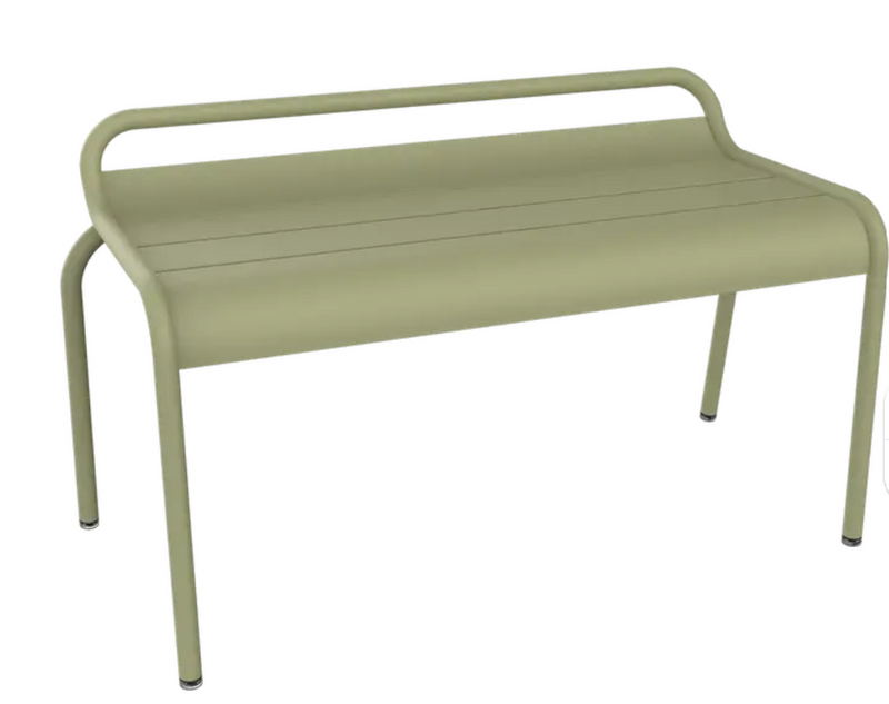 Load image into Gallery viewer, Willow green Fermob Luxembourg stackable outdoor bench, 90 cm, metal garden furniture with a sleek, modern design.
