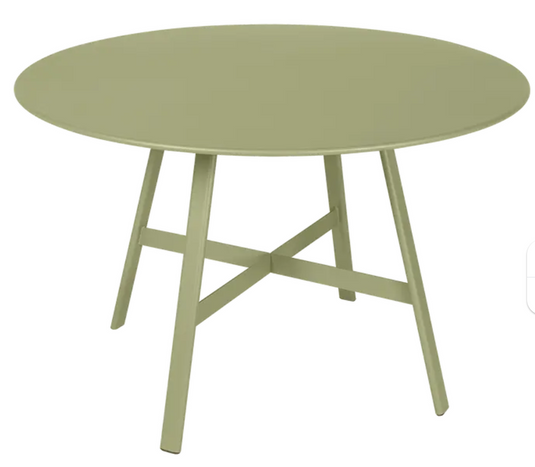 Willow Green SO'O Oval Oak Fermob table with 117cm diameter, stylish restaurant or hotel dining table with natural wood finish.