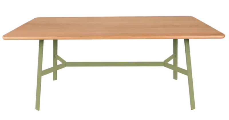 Load image into Gallery viewer, Willow green Fermob SO'O 180x90 cm oak dining table with six seats, showcasing sturdy wooden furniture in a natural setting.
