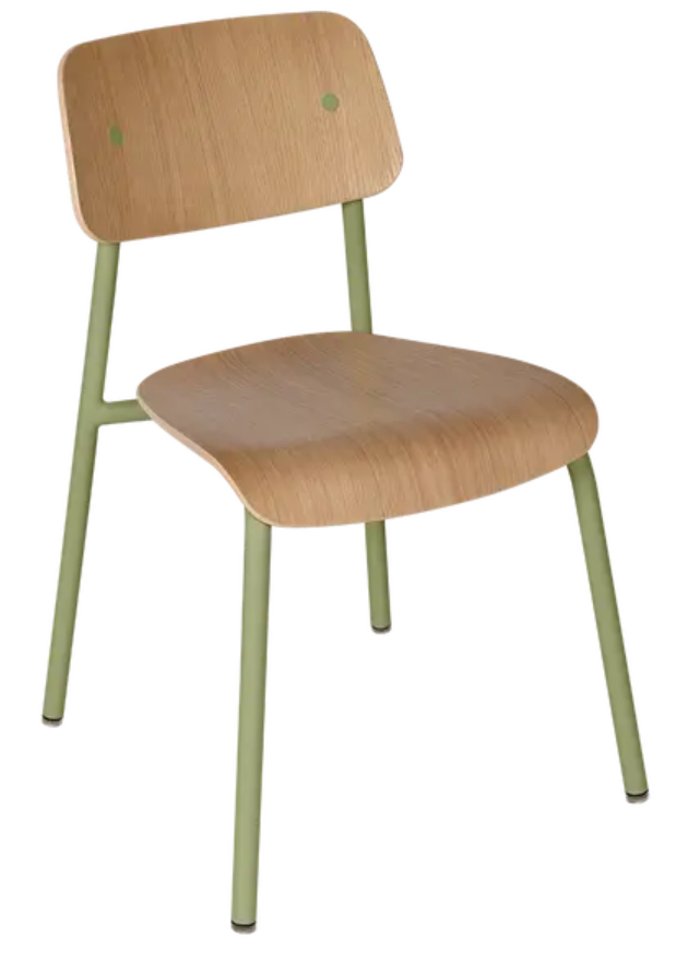 Load image into Gallery viewer, Willow green Fermob Studie oak chair with wooden legs, suitable for office, restaurant, or home settings.
