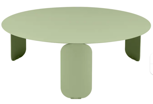 Willow green Fermob Bebop low outdoor table with an 80cm round top, suitable for patio or garden seating areas.
