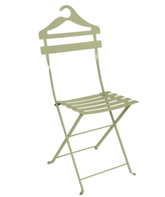Fermob Willow Green folding Bistro Valet Chair hanging as a stylish metal bistro chair, perfect for indoor or outdoor use.