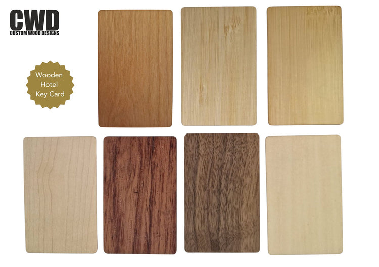 Custom wooden hotel key cards in various wood types with RFID options and customizable designs