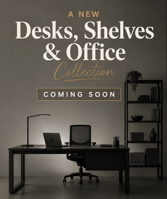 Modern office shelves from Custom Wood Designs' new desk and shelves collection, featuring sleek wood finish and versatile storage options.