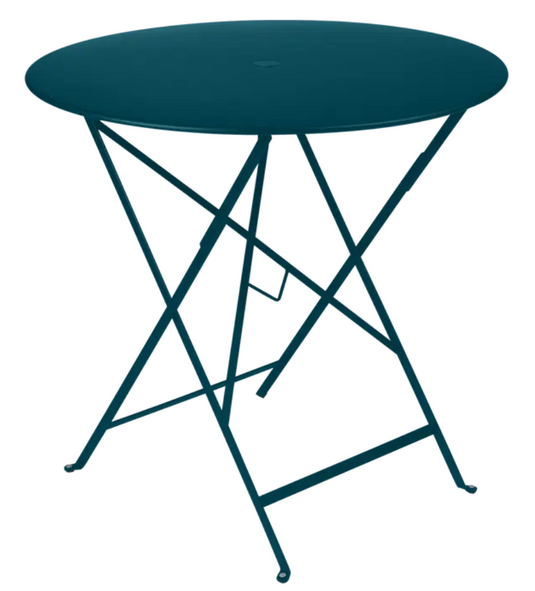 Fermob Acapulco blue teal round folding bistro table with metal design, 77cm diameter, suitable for outdoor terrace use