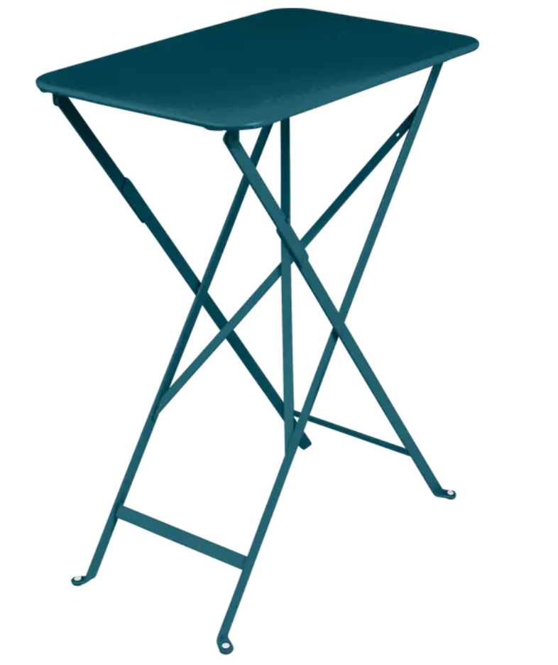 Load image into Gallery viewer, Fermob Bistro folding table in Acapulco Blue teal with steel top, perfect for outdoor cafes and small spaces.
