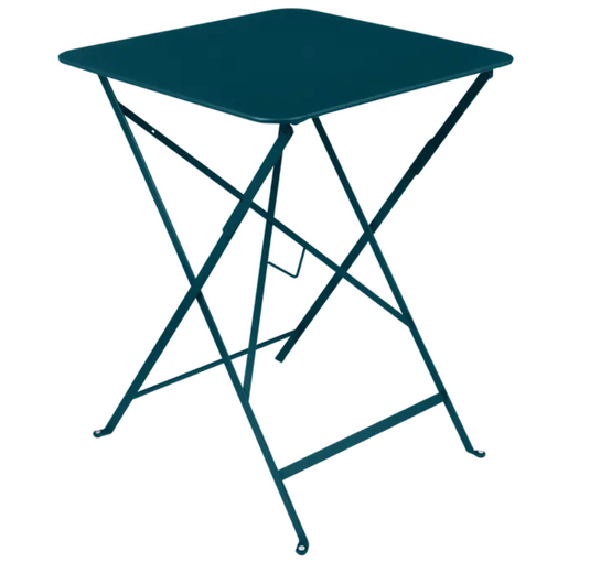 Fermob blue foldable metal bistro table with 57x57 cm size, suitable for outdoor use.
