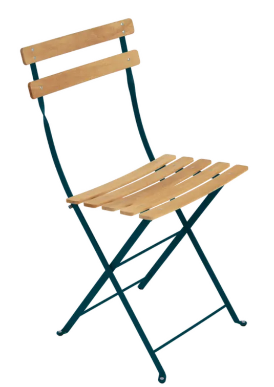 Fermob Bistro Natural Chair with wood seat and metal frame, outdoor folding chair in teal color, suitable for garden or patio.