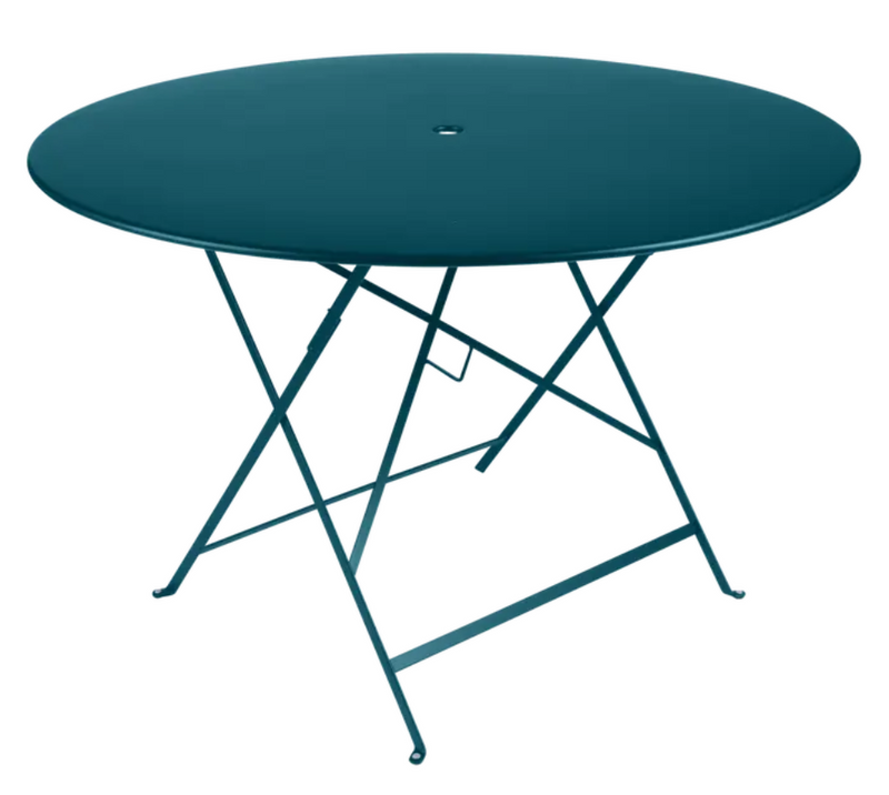 Load image into Gallery viewer, Fermob Acapulco teal round outdoor dining table, 117cm diameter, six-seater bistro table with metal construction.
