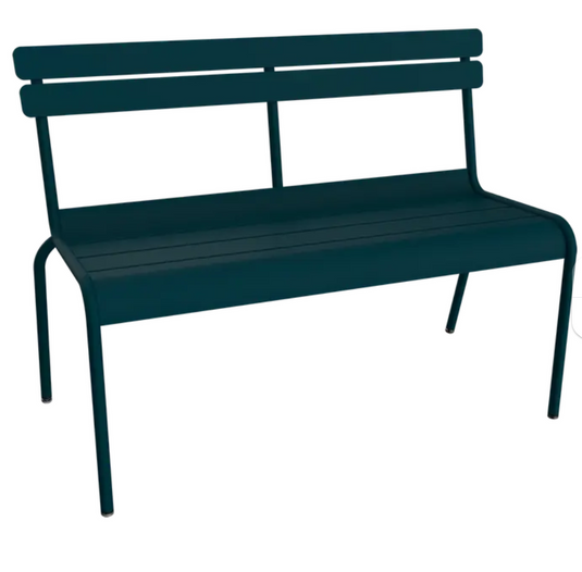 Fermob Luxembourg 2/3-seater outdoor bench with backrest, made of metal, suitable for garden or patio seating.