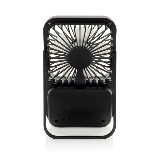 Aervina RCS recycled plastic re-chargeable desk fan - Custom Wood DesignsAervina RCS recycled plastic rechargeable desk fan from XD Collection, shown on a desk with a modern phone and tablet accessory setup.Phone & Tablet accessoriesP457.0801Recycled ABSblack