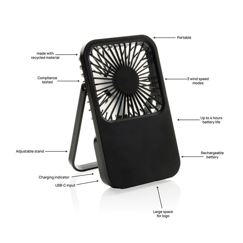 Load image into Gallery viewer, Aervina RCS recycled plastic re-chargeable desk fan - Custom Wood DesignsAervina RCS recycled plastic rechargeable desk fan by XD Collection, compact and eco-friendly, designed for phone and tablet accessories.Phone &amp; Tablet accessoriesP457.0801Recycled ABSblack
