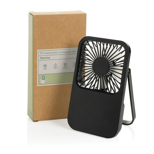 Aervina RCS recycled plastic re-chargeable desk fan - Custom Wood DesignsAervina RCS recycled plastic rechargeable desk fan from XD Collection, designed for phone and tablet accessories, shown on a desk.Phone & Tablet accessoriesP457.0801Recycled ABSblack