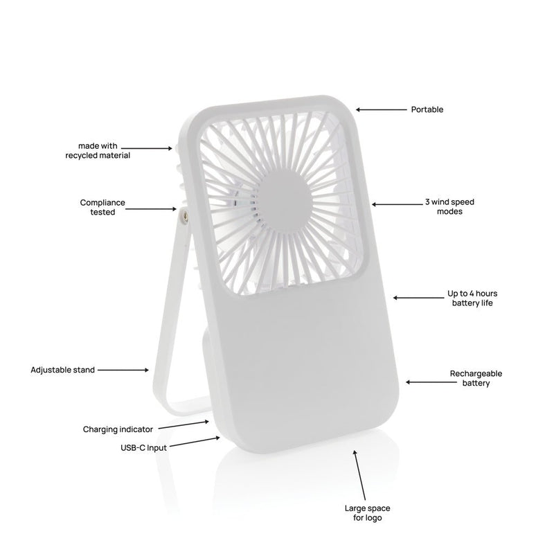 Load image into Gallery viewer, Aervina RCS recycled plastic re-chargeable desk fan - Custom Wood DesignsAervina RCS recycled plastic rechargeable desk fan by XD Collection, compact white fan for desks and small spaces.Phone &amp; Tablet accessoriesP457.0803Recycled ABSwhite
