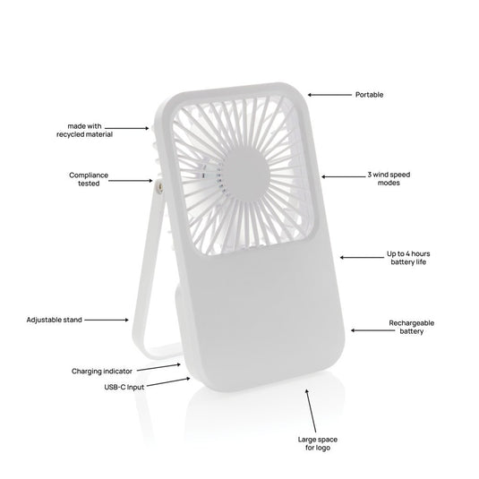 Aervina RCS recycled plastic re-chargeable desk fan - Custom Wood DesignsAervina RCS recycled plastic rechargeable desk fan by XD Collection, compact white fan for desks and small spaces.Phone & Tablet accessoriesP457.0803Recycled ABSwhite