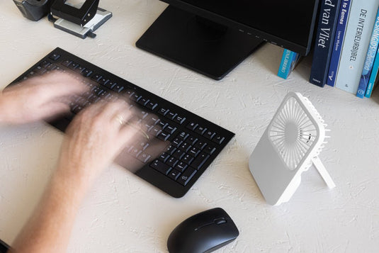 Aervina RCS recycled plastic re-chargeable desk fan - Custom Wood DesignsAervina RCS recycled plastic rechargeable desk fan by XD Collection, shown on a desk with a phone and tablet nearby.Phone & Tablet accessoriesP457.0803Recycled ABSwhite